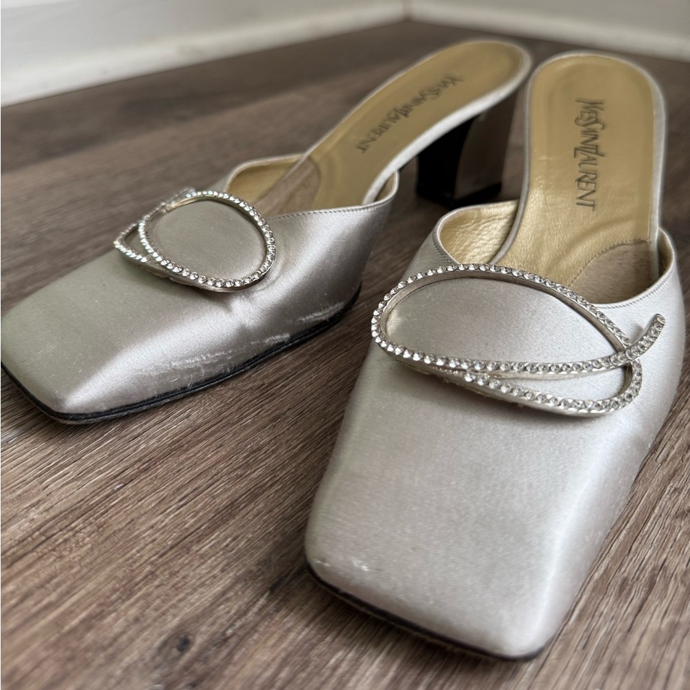 Yves Saint Laurent Ivory Satin Crystal-Trim Slip-On Mules - Picture 9 of 13